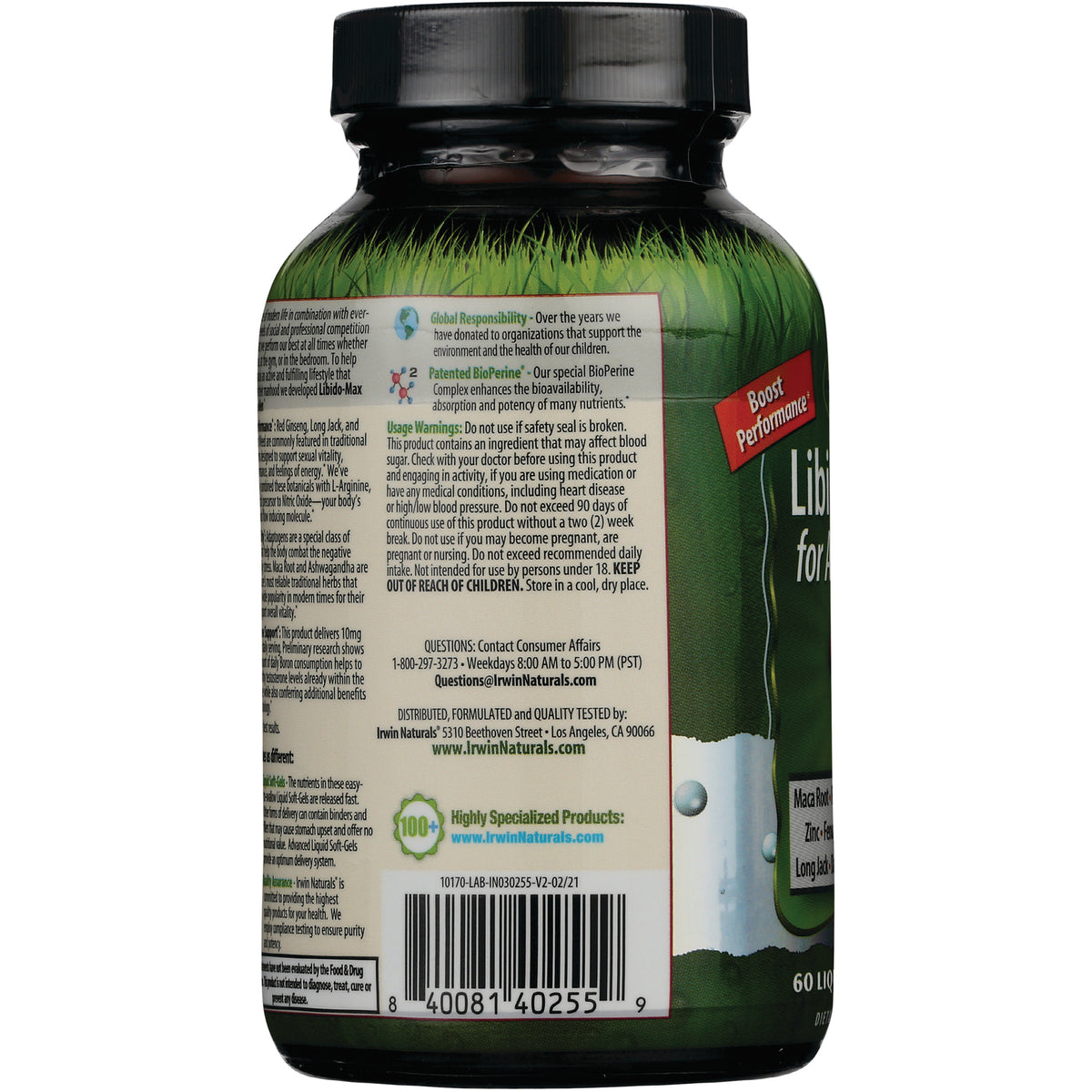 IR203 | supplement bottle back label showing usage warnings, contact information, and barcode