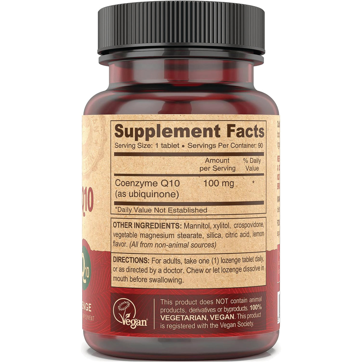 DEV037 | back label with Supplement Facts showing Coenzyme Q10 100 mg, other ingredients, directions, and vegan logo