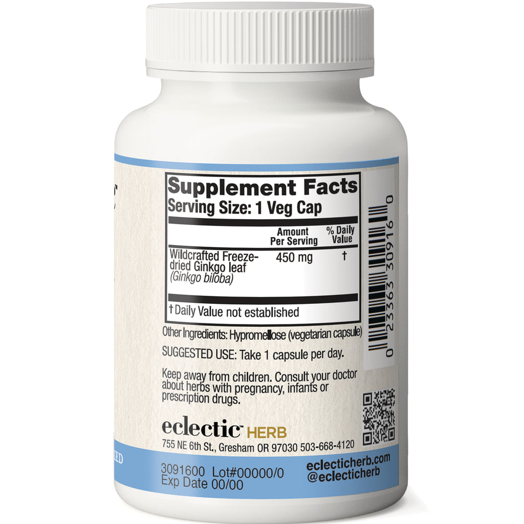 EC004 | Back label showing Supplement Facts panel for wildcrafted freeze-dried Ginkgo leaf 450 mg and suggested use - Thumbnail