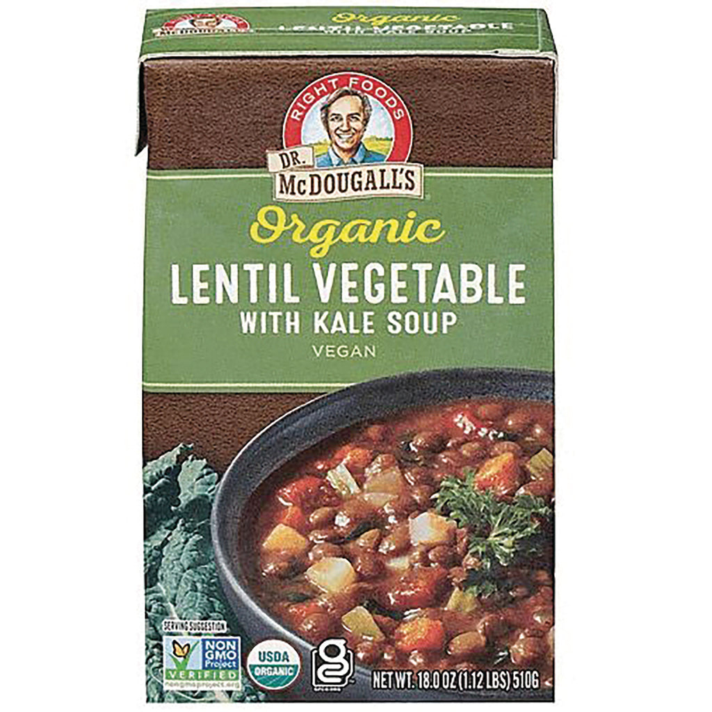DMD011 | Dr. McDougall's Organic Lentil Vegetable with Kale Soup carton showing a bowl of soup - Thumbnail