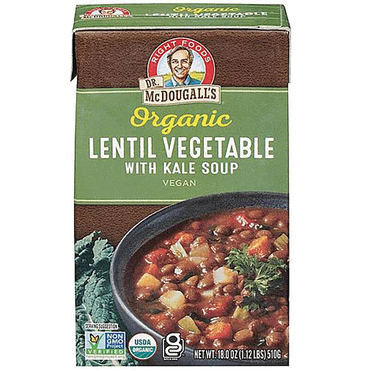 DMD011 | Dr. McDougall's Organic Lentil Vegetable with Kale Soup carton showing a bowl of soup