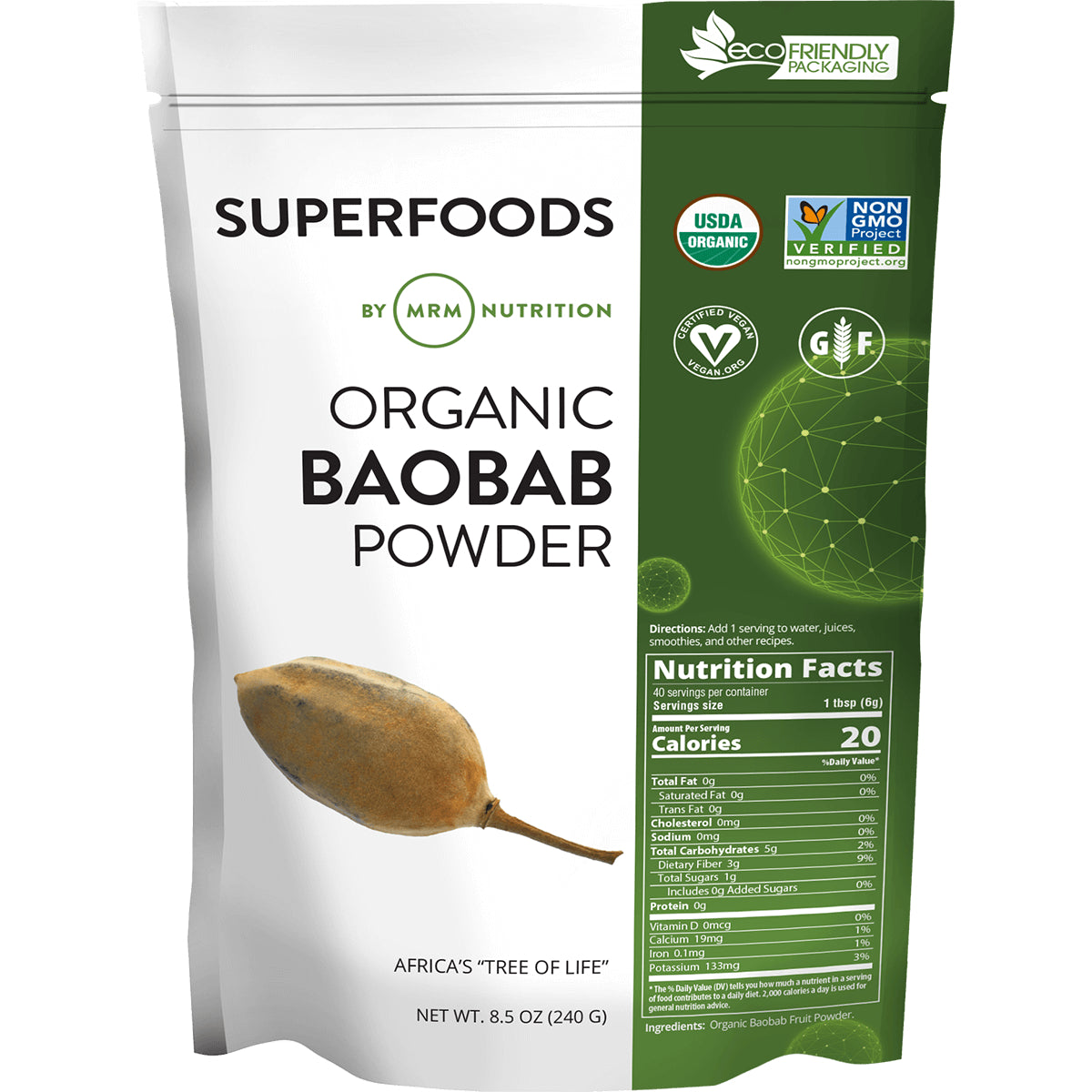 MRM048 | Front pouch of MRM Nutrition Organic Baobab Powder showing product name and front artwork