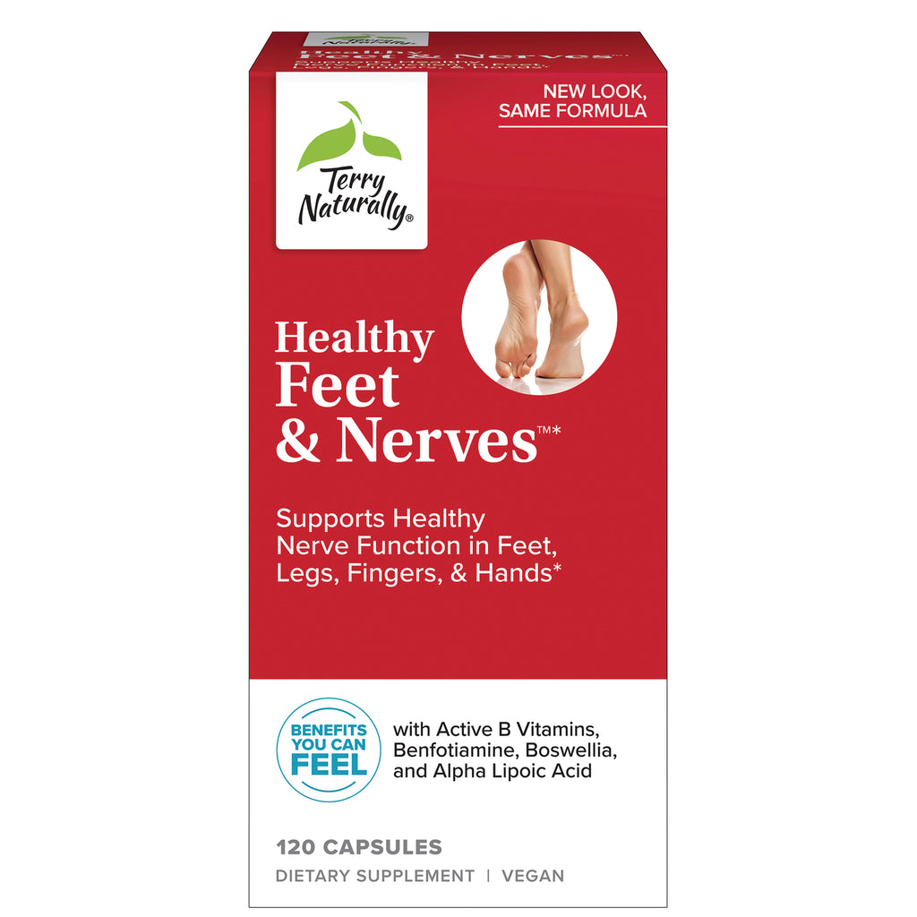 Terry Naturally Healthy Feet & Nerves supplement box front showing product name, red packaging, 120 capsules vegan - Thumbnail