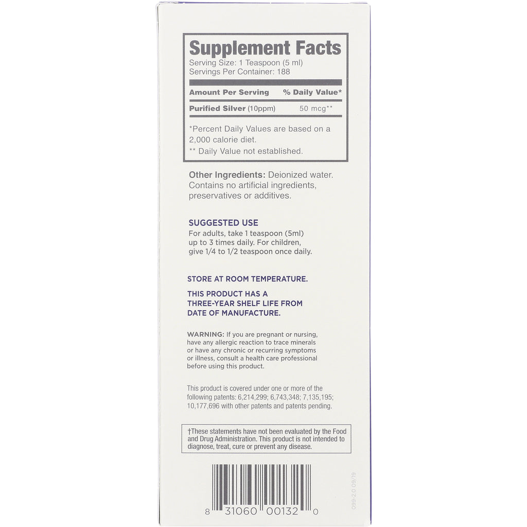 ABL006 | Back panel with Supplement Facts listing Purified Silver 50 mcg, suggested use, and storage instructions - Thumbnail