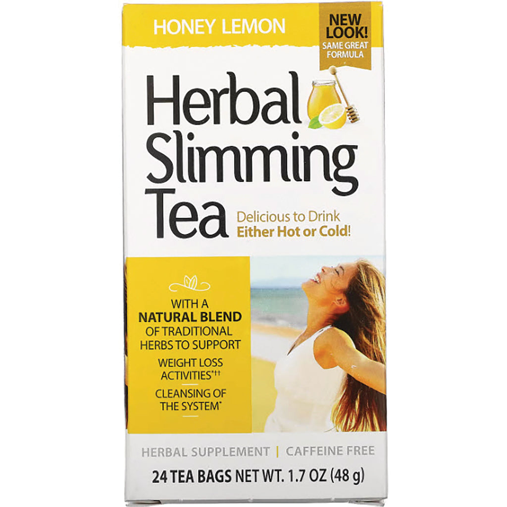 CNT150 | Honey Lemon Herbal Slimming Tea box front, 24 tea bags, caffeine free, natural blend label, woman on beach - Thumbnail