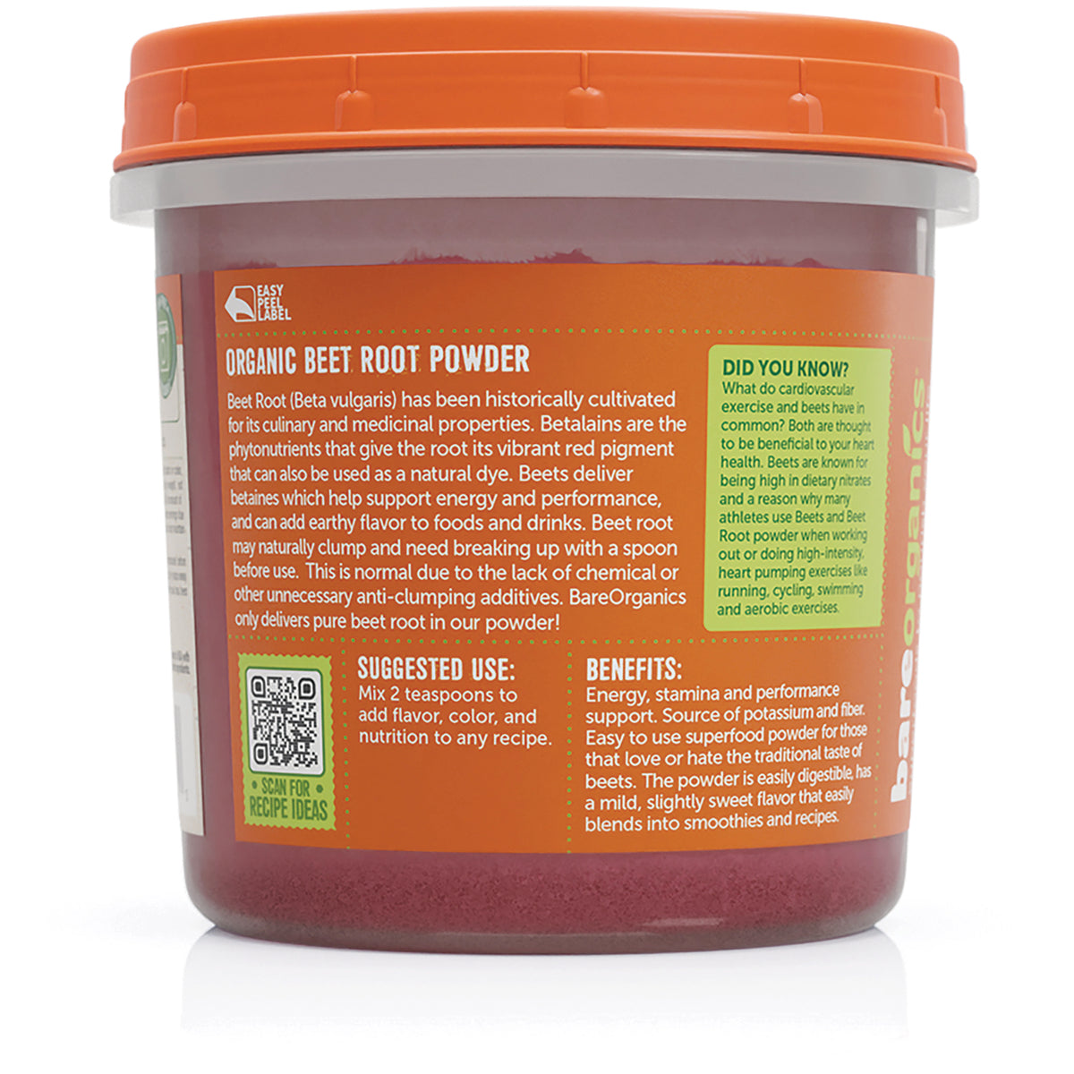 Back label of orange tub reading Organic Beet Root Powder with suggested use, benefits, and QR code