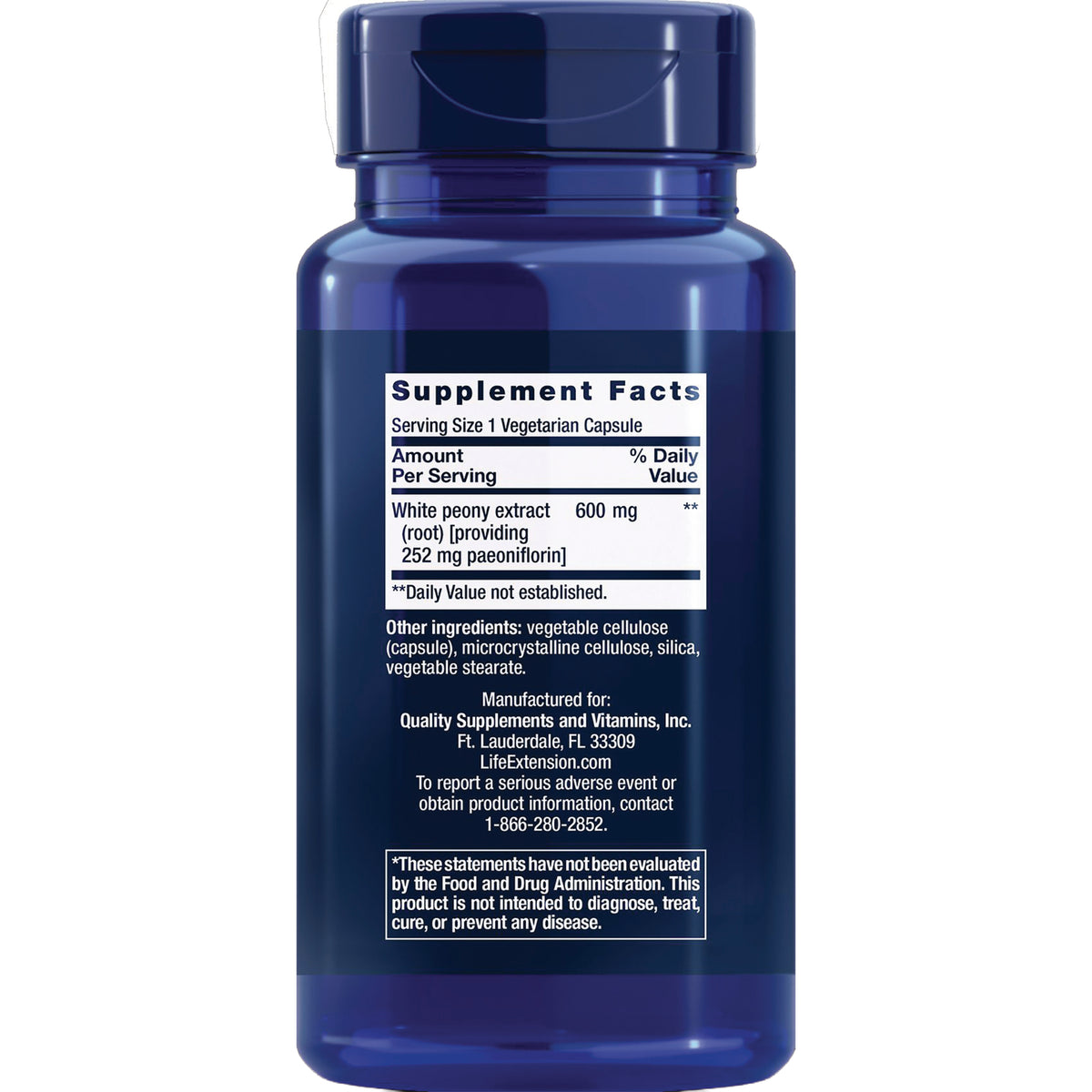LE277 | Back label showing Supplement Facts panel for white peony extract 600 mg, other ingredients and FDA disclaimer