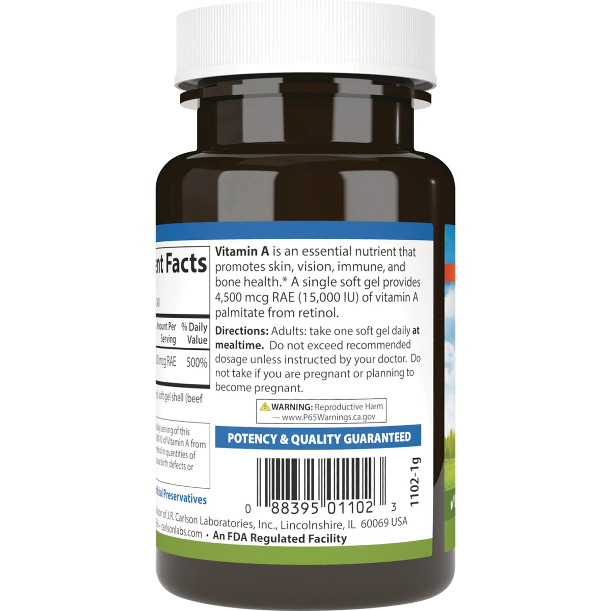 CSN186 | back of brown supplement bottle label showing Vitamin A directions, barcode and POTENCY & QUALITY GUARANTEED banner