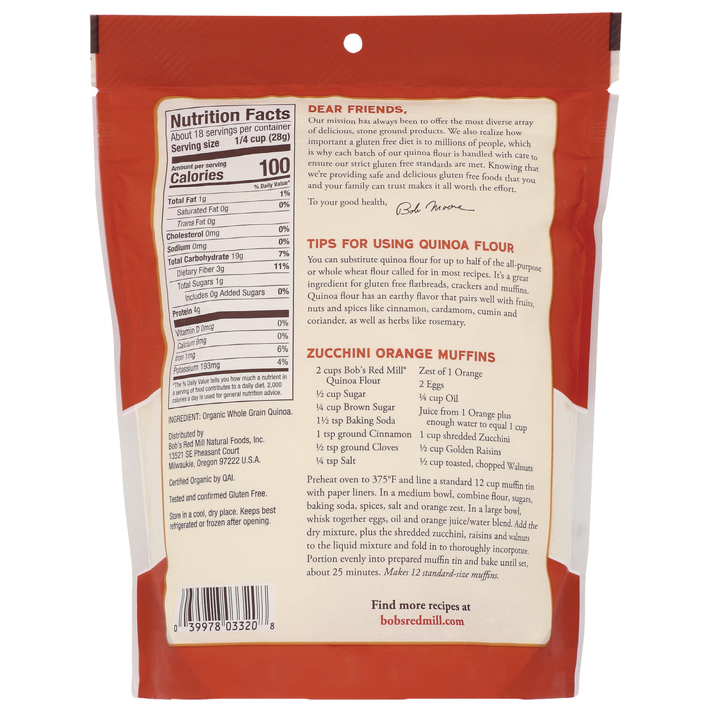 BOB279 | Back of Bob's Red Mill quinoa flour bag showing Nutrition Facts, usage tips and Zucchini Orange Muffins recipe - Thumbnail