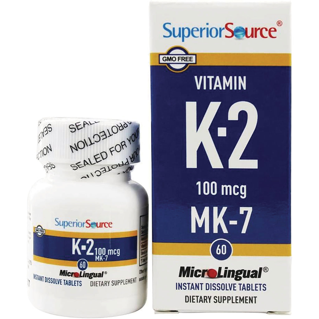 SUS020 | Superior Source Vitamin K-2 MK-7 100 mcg, 60 MicroLingual instant dissolve tablets, bottle and box front - Thumbnail