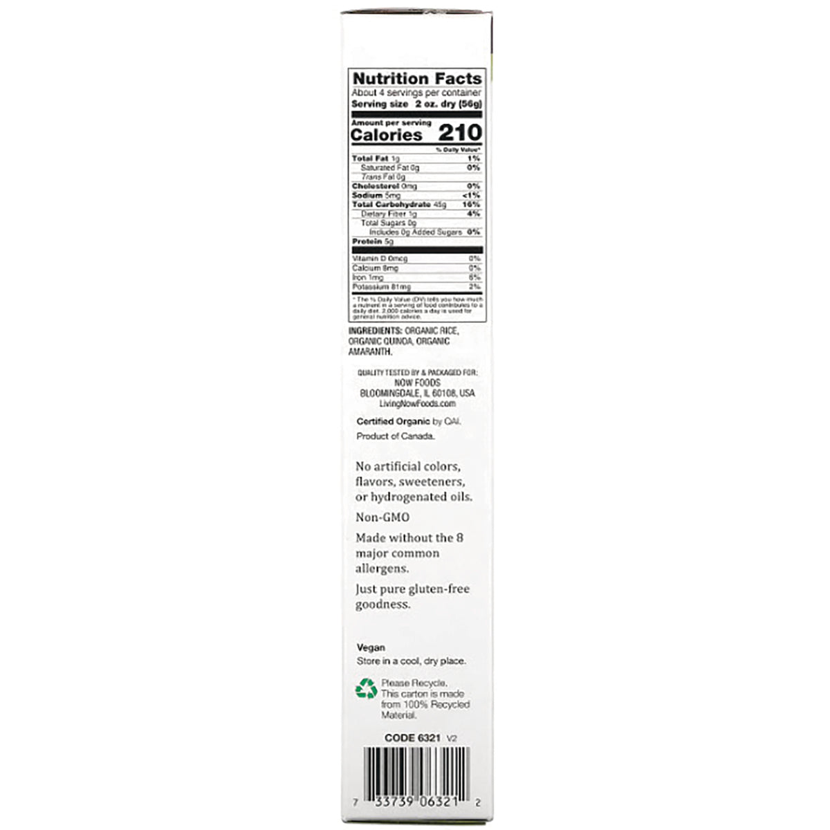 NWF1270 | Back panel showing Nutrition Facts, ingredients list, vegan claim and recycling symbol