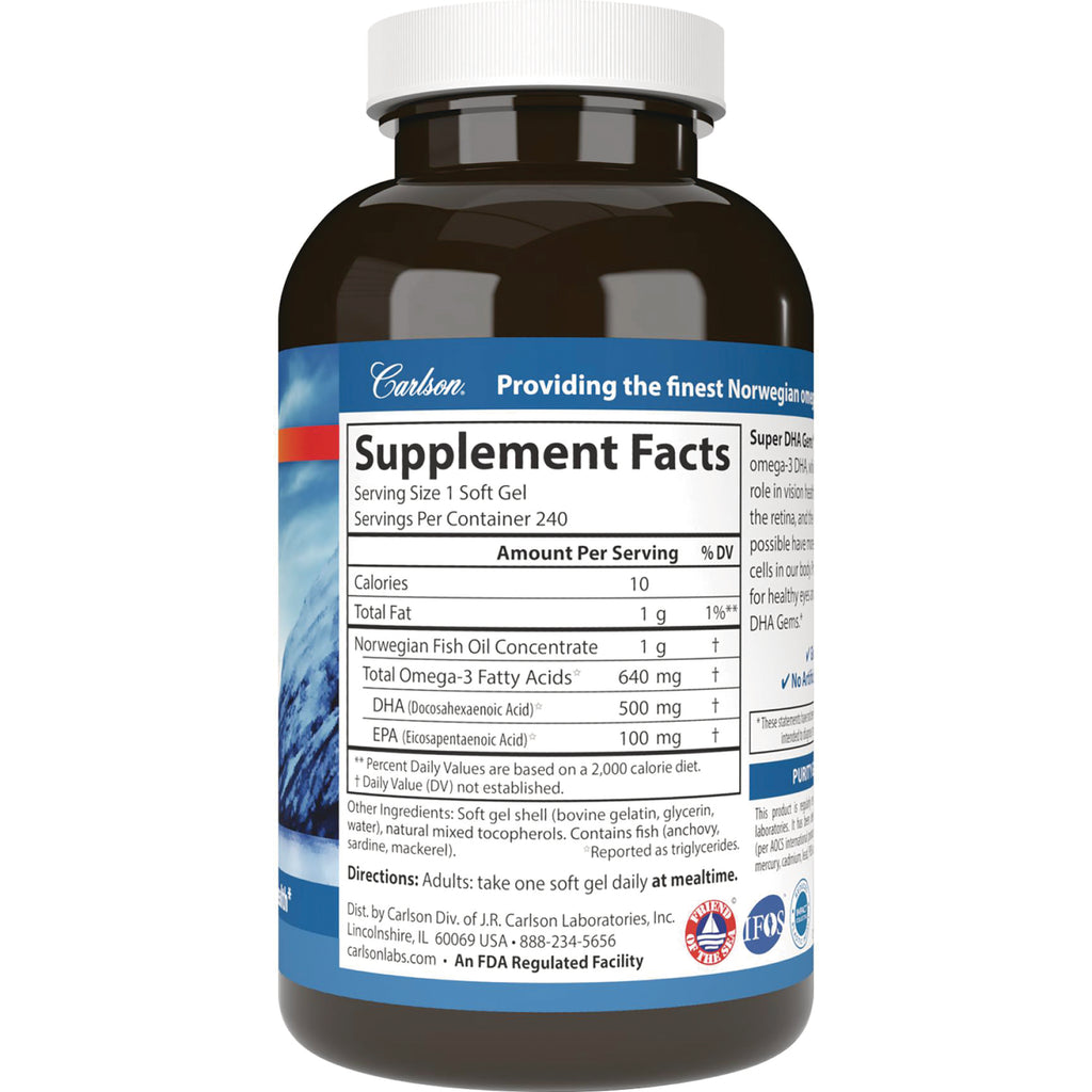 CSN272 | Supplement facts label on bottle showing Serving Size 1 Soft Gel, Total Omega-3 640 mg, DHA 500 mg, EPA 100 mg - Thumbnail