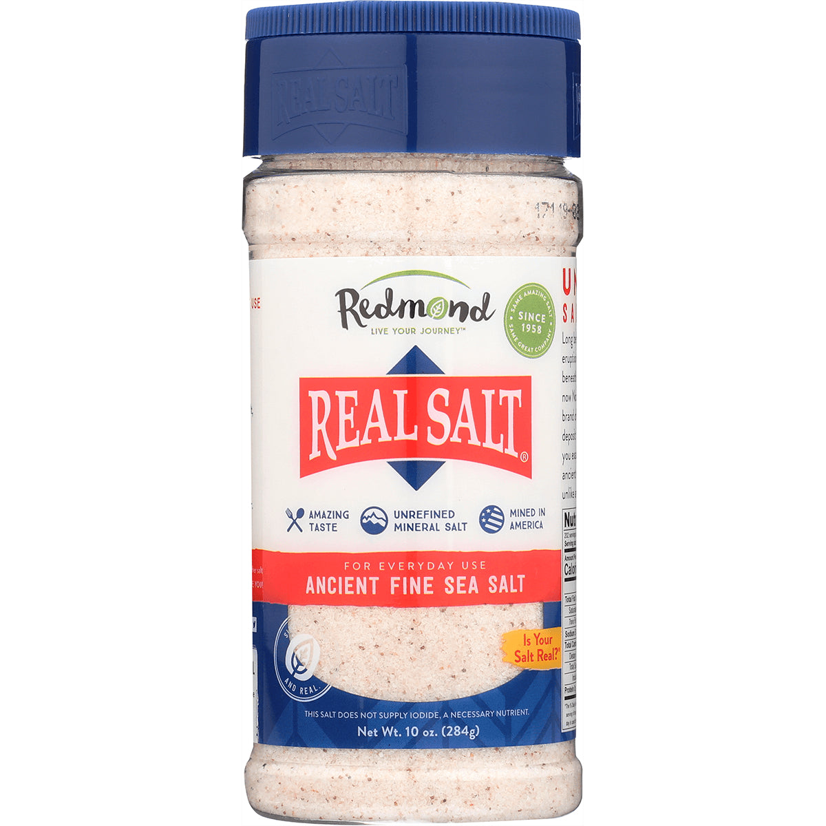 RTC008 | Redmond Real Salt ancient fine sea salt 10 oz shaker with front label reading REAL SALT