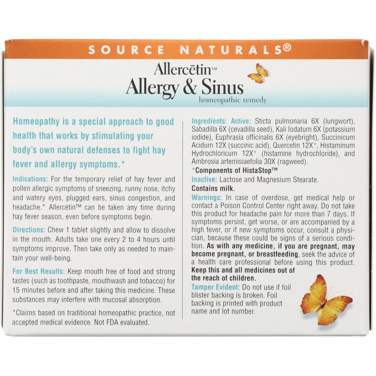 SN188 | Back of Source Naturals Allercetin Allergy & Sinus box showing directions, ingredients, warnings and butterfly graphic