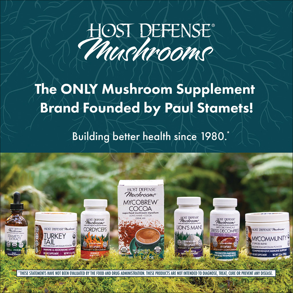 FUN013 | Host Defense Mushrooms brand infographic showing product lineup and brand founder Paul Stamets - Thumbnail
