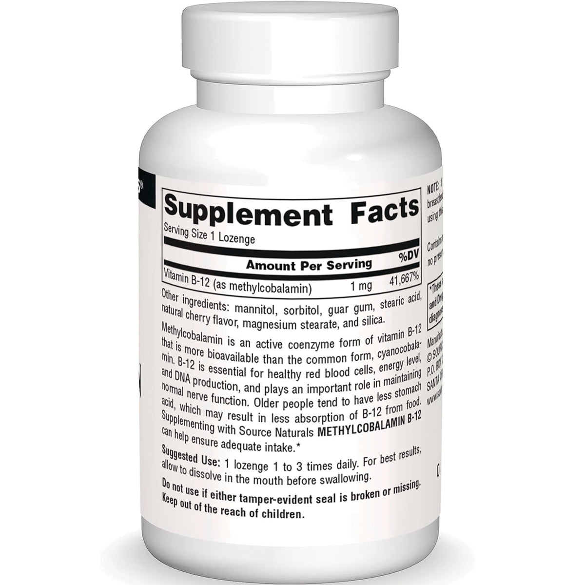 SN124 | Back label with Supplement Facts for Vitamin B-12 (methylcobalamin) lozenges