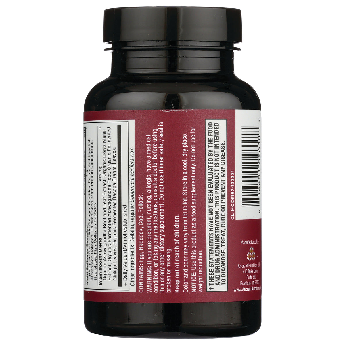 ATN092 | Back of dark supplement bottle showing ingredient panel, warnings and barcode