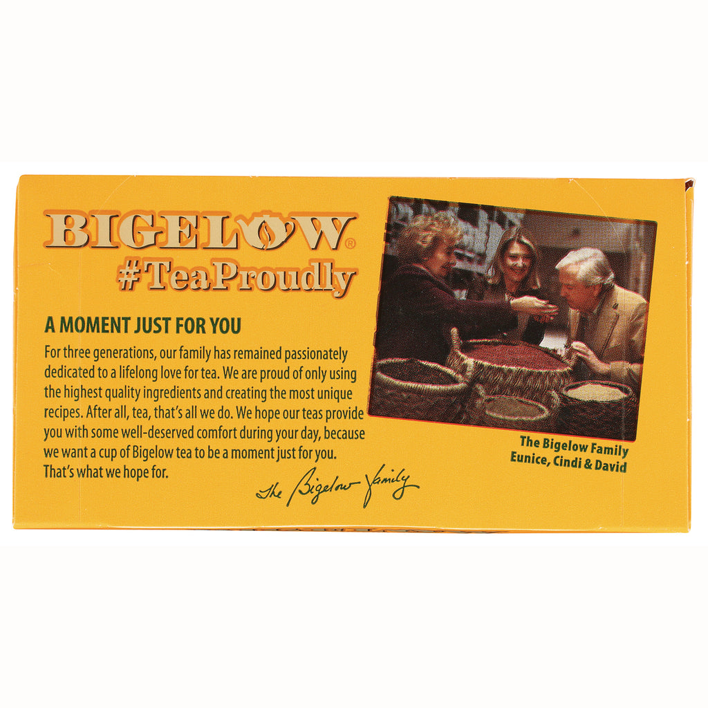 BGT023 | Back of yellow Bigelow tea box with #TeaProudly heading, family photo and product story text - Thumbnail