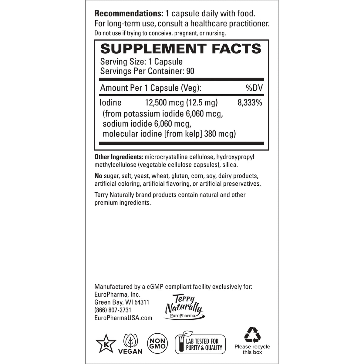 Supplement facts back label showing serving size 1 capsule, iodine 12,500 mcg, other ingredients and vegan non-GMO icons