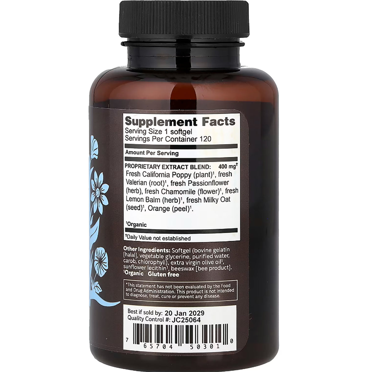 HE103 | Supplement facts and ingredient label on back of brown supplement bottle with green cap