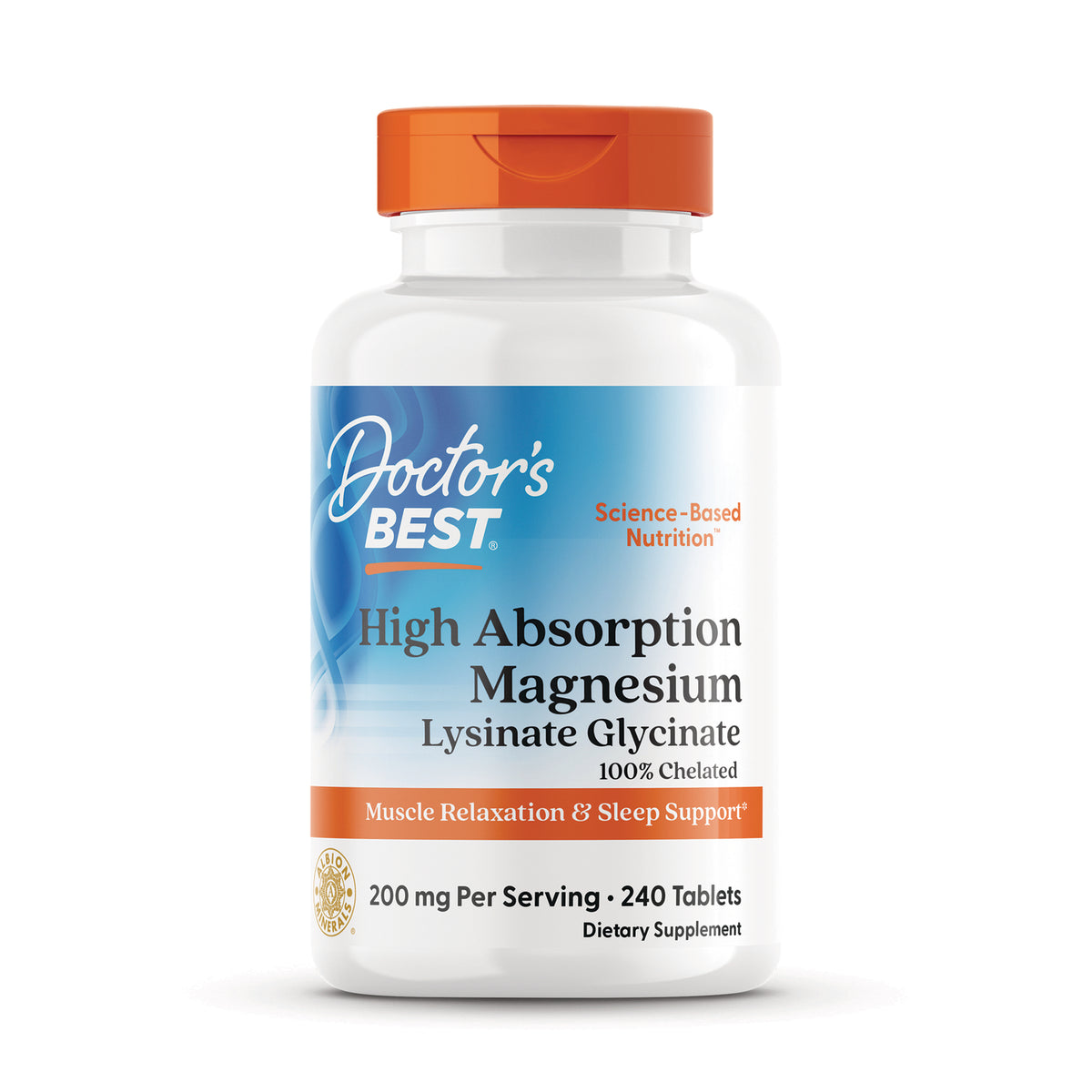 DB111 | Doctor's Best High Absorption Magnesium Lysinate Glycinate 200 mg per serving, 240 tablets, white bottle with orange cap