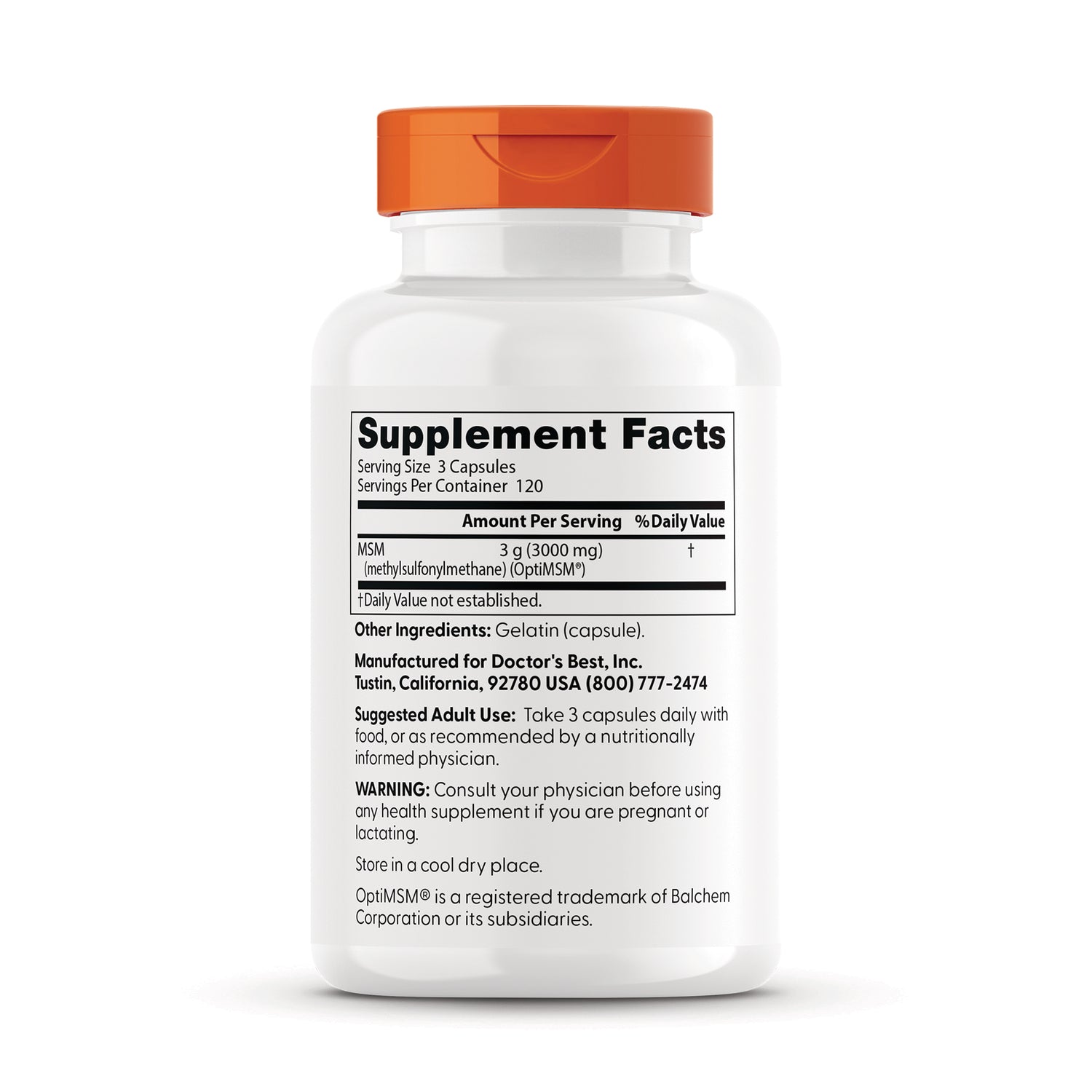 DB221 | supplement facts label showing serving size 3 capsules and MSM 3 g (3000 mg) per serving