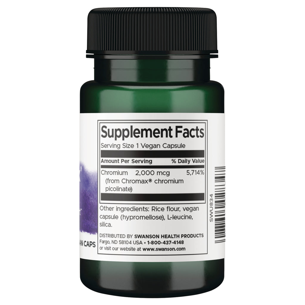 SWU834 | Back label with Supplement Facts and ingredients; Serving Size 1 Vegan Capsule; Chromium 2,000 mcg - Thumbnail
