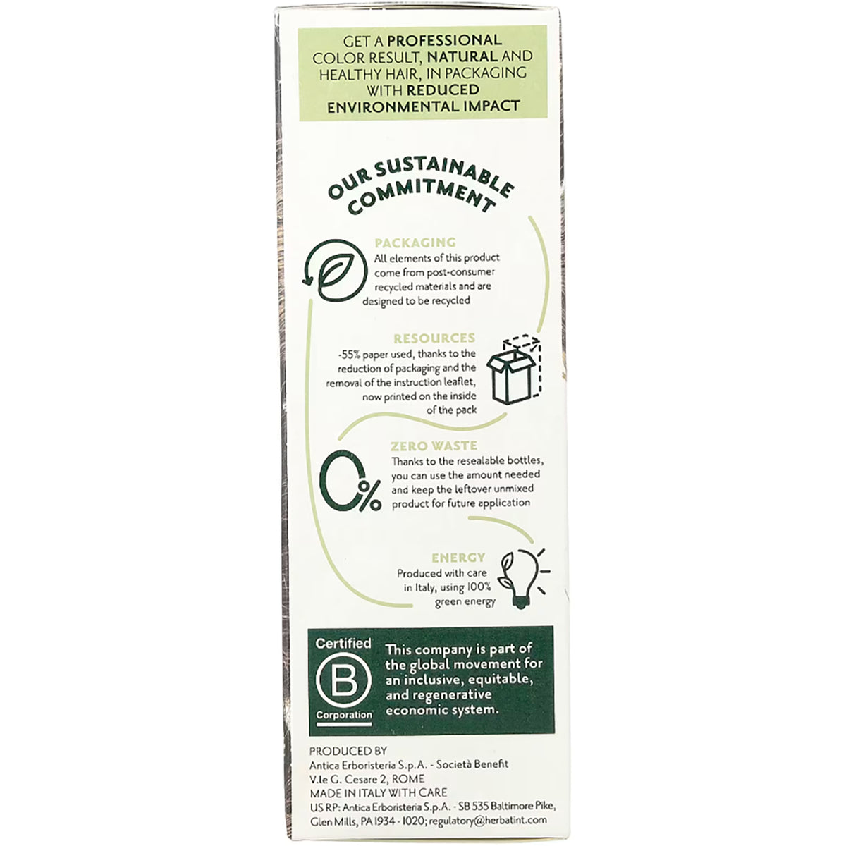 HBT006 | Back of product box showing OUR SUSTAINABLE COMMITMENT header, sustainability icons, Certified B Corporation badge and production details