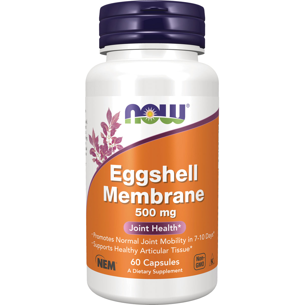 NWF1265 | NOW Eggshell Membrane 500 mg supplement bottle with orange label, 60 capsules, Joint Health