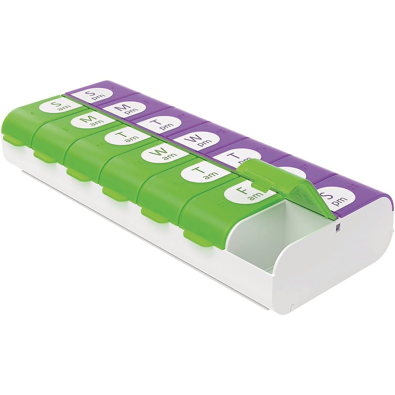 APP09 | Green and purple weekly AM/PM pill organizer with labeled day compartments