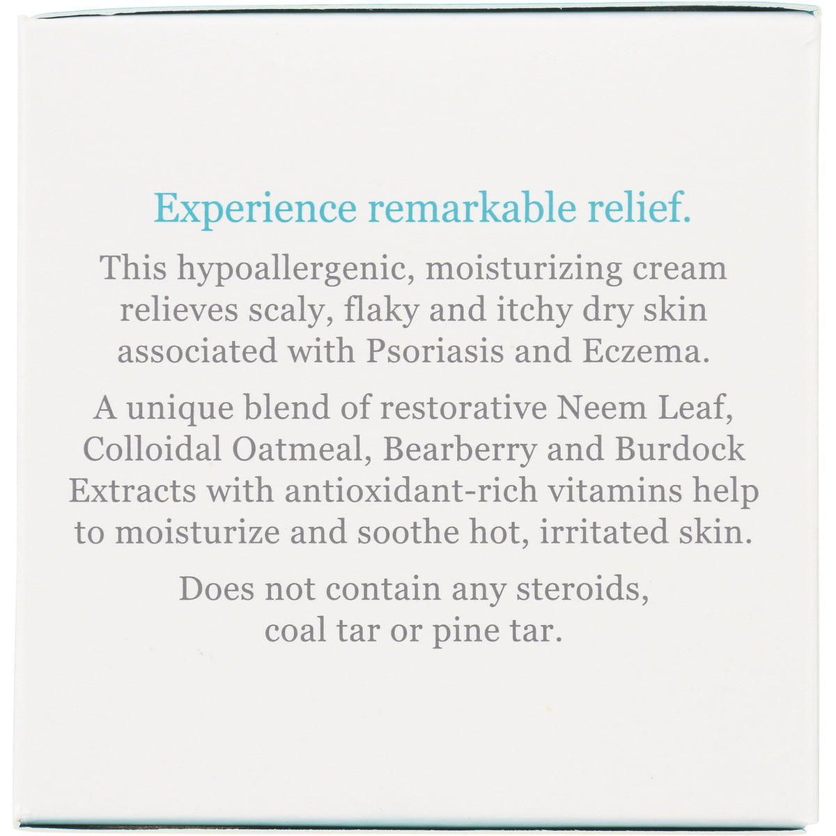 DE003 | Product infographic: Experience remarkable relief; hypoallergenic moisturizing cream with neem leaf, colloidal oatmeal, bearberry and burdock extracts