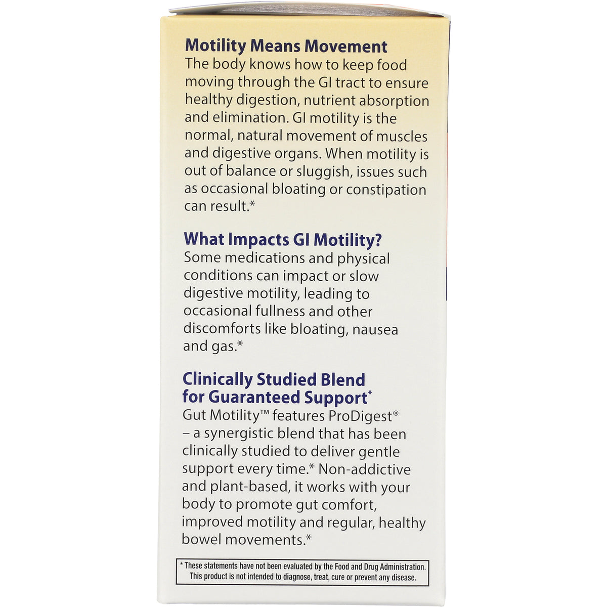EMD091 | Back panel titled Motility Means Movement explaining GI motility, causes of bloating and a clinically studied gut motility blend