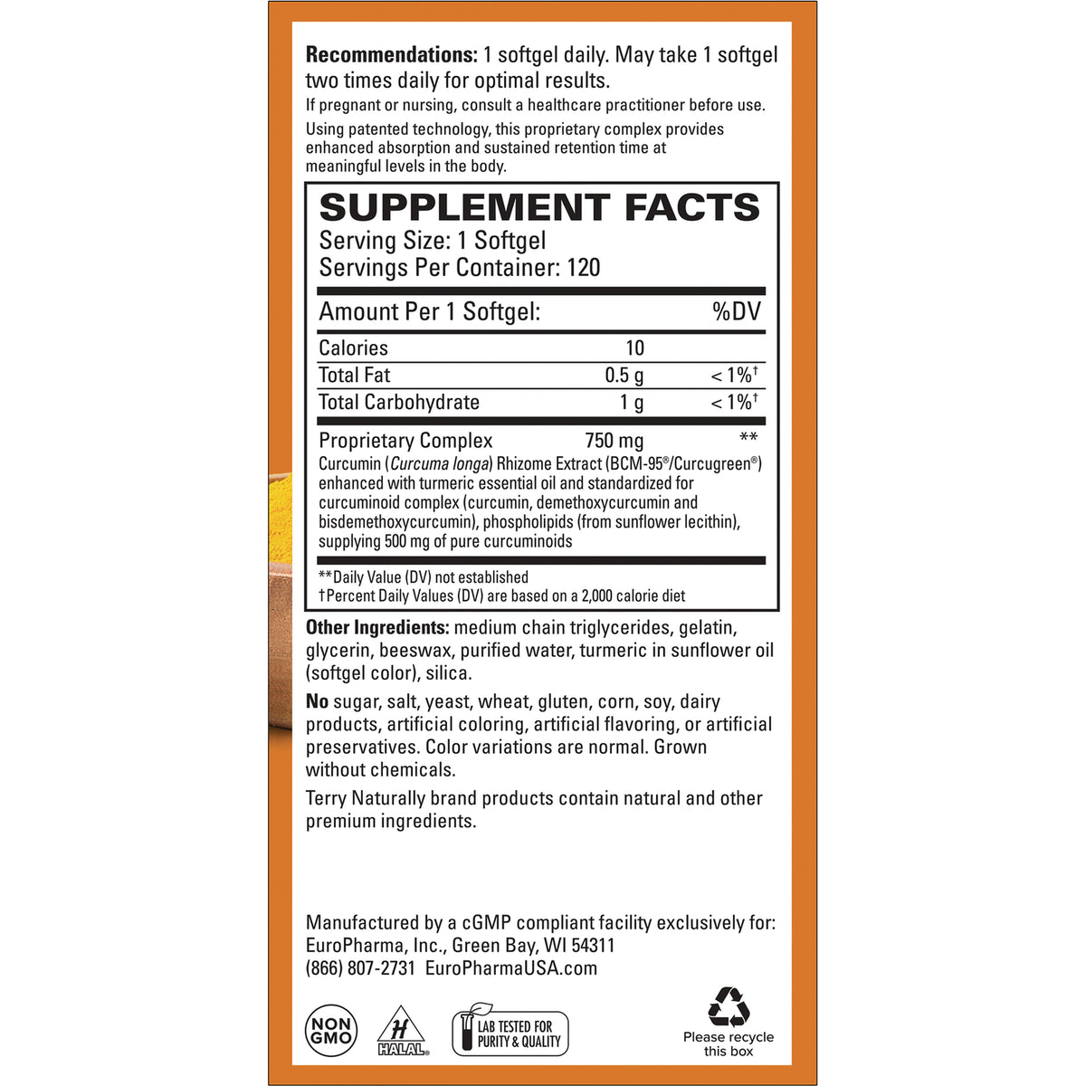EUR025 | Supplement Facts and ingredient panel for turmeric softgel, serving size 1 softgel, proprietary complex 750 mg