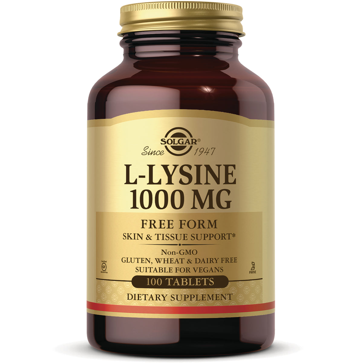 SLG232 | Amber bottle of Solgar L-Lysine 1000 MG dietary supplement, 100 tablets, gold label