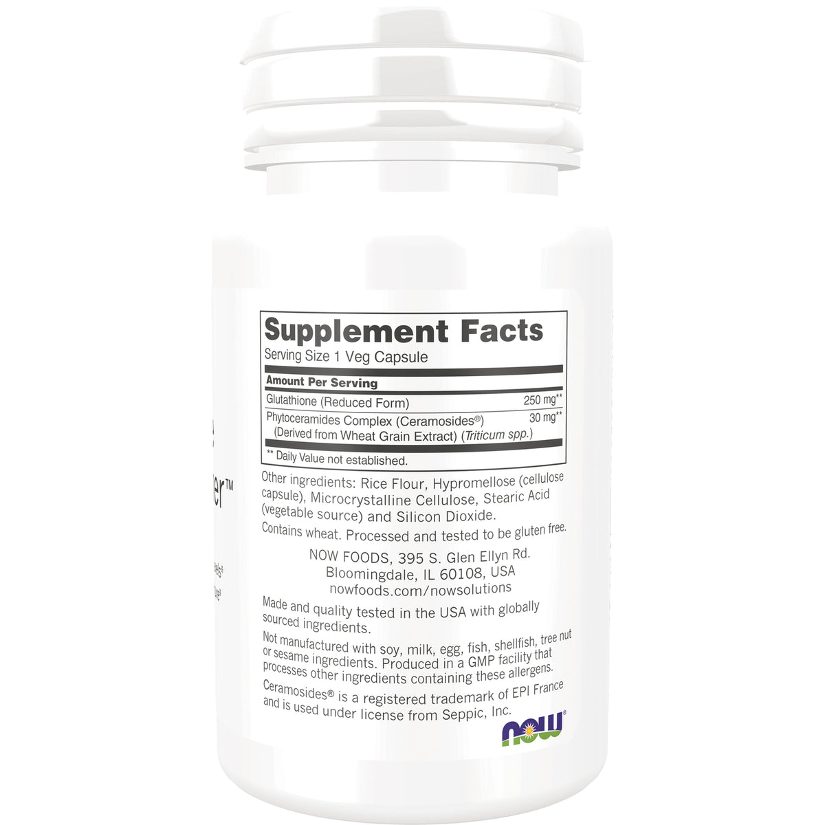 NWF1357 | Back of white supplement bottle showing Supplement Facts panel, ingredient list and Now logo