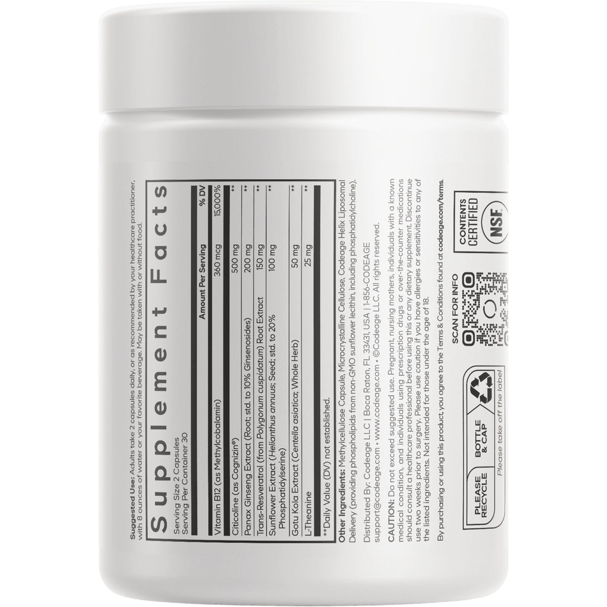 CDG032 | Back label showing Supplement Facts table, ingredient list, cautions and QR code