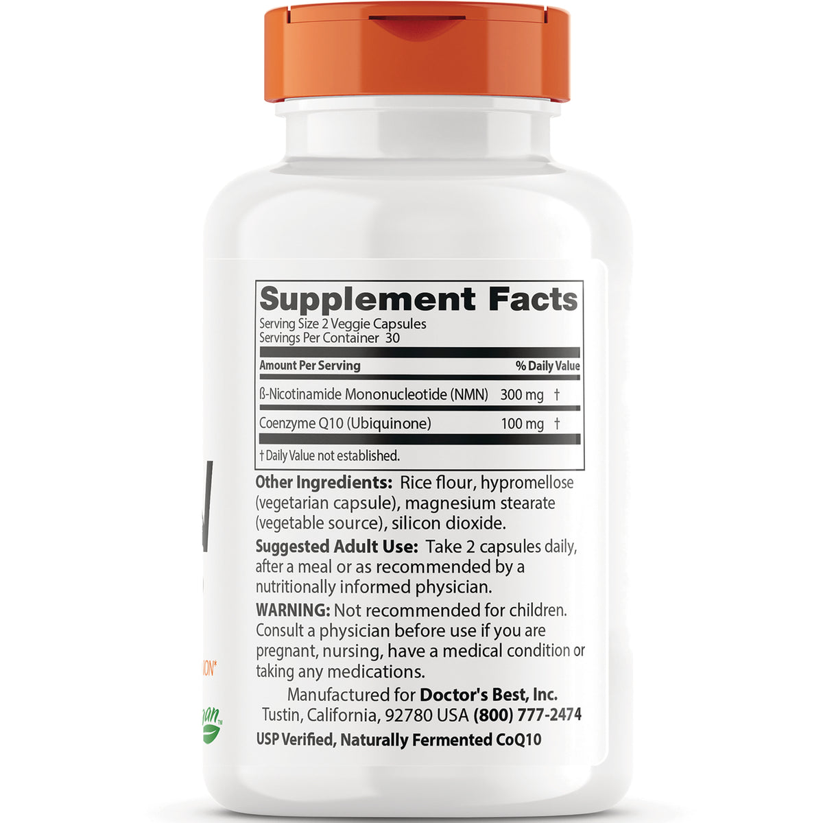 DB286 | Back of white supplement bottle showing Supplement Facts panel, other ingredients, suggested use and warning