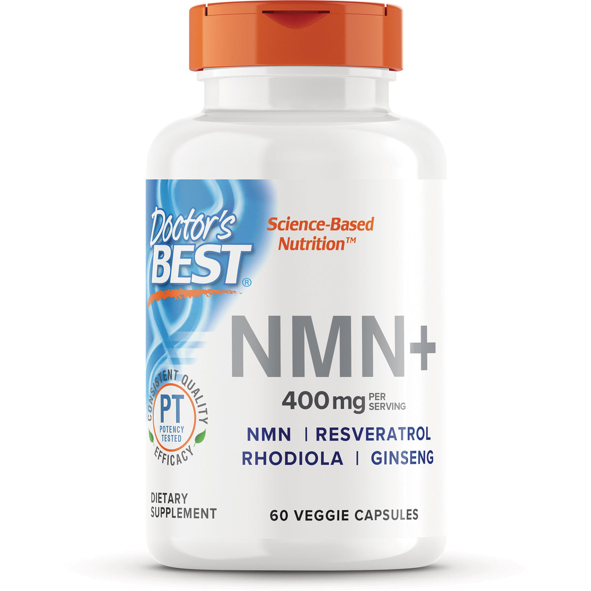 DB288 | Doctor's Best NMN+ 400 mg supplement bottle, front label showing NMN, resveratrol, rhodiola, ginseng, 60 veggie capsules