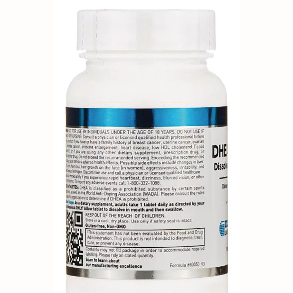 DGL044 | back label of white supplement bottle showing warnings, dosage instructions, small print and a QR code