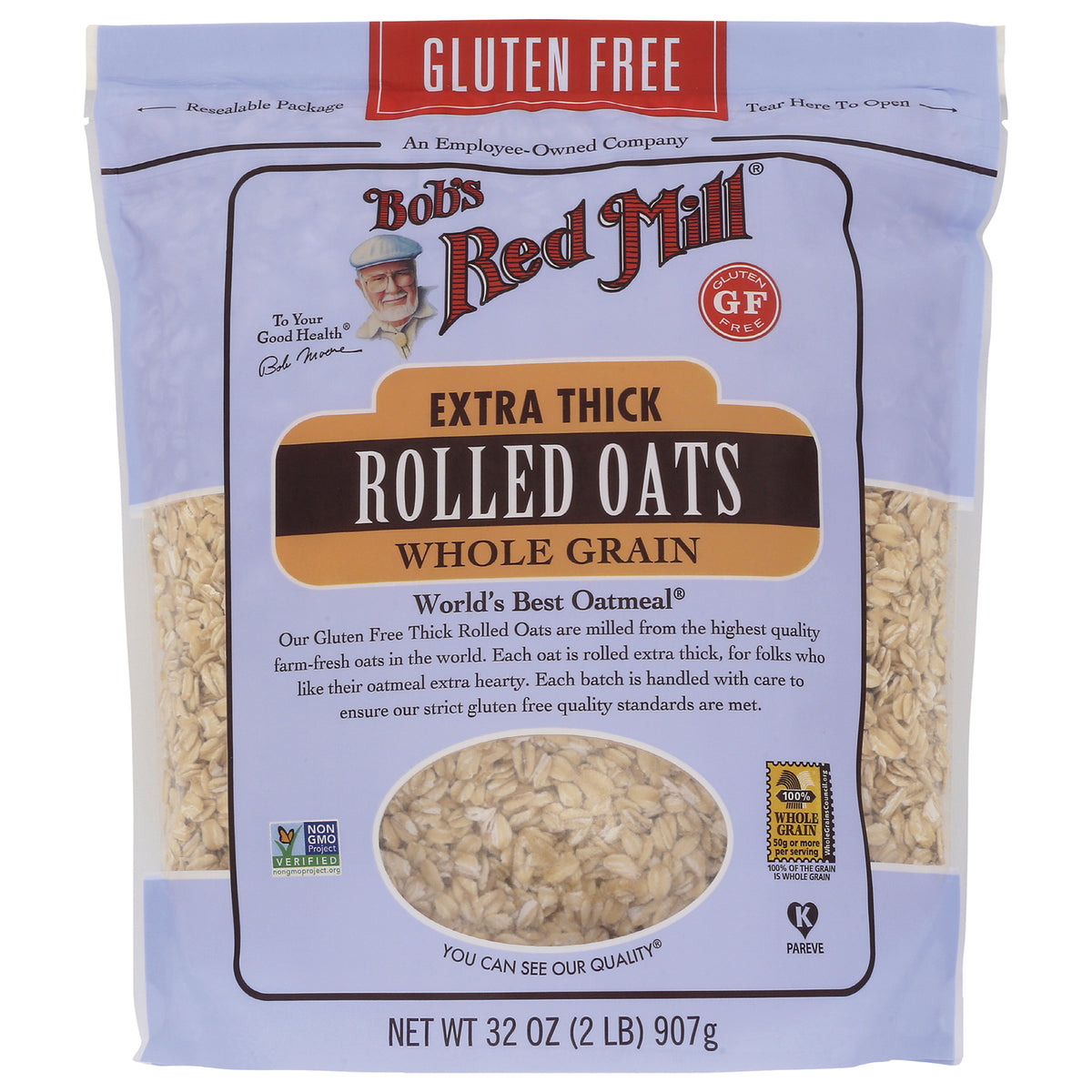 BOB337 | Bob's Red Mill Extra Thick Rolled Oats whole grain 32 oz front packaging with clear window and gluten free label