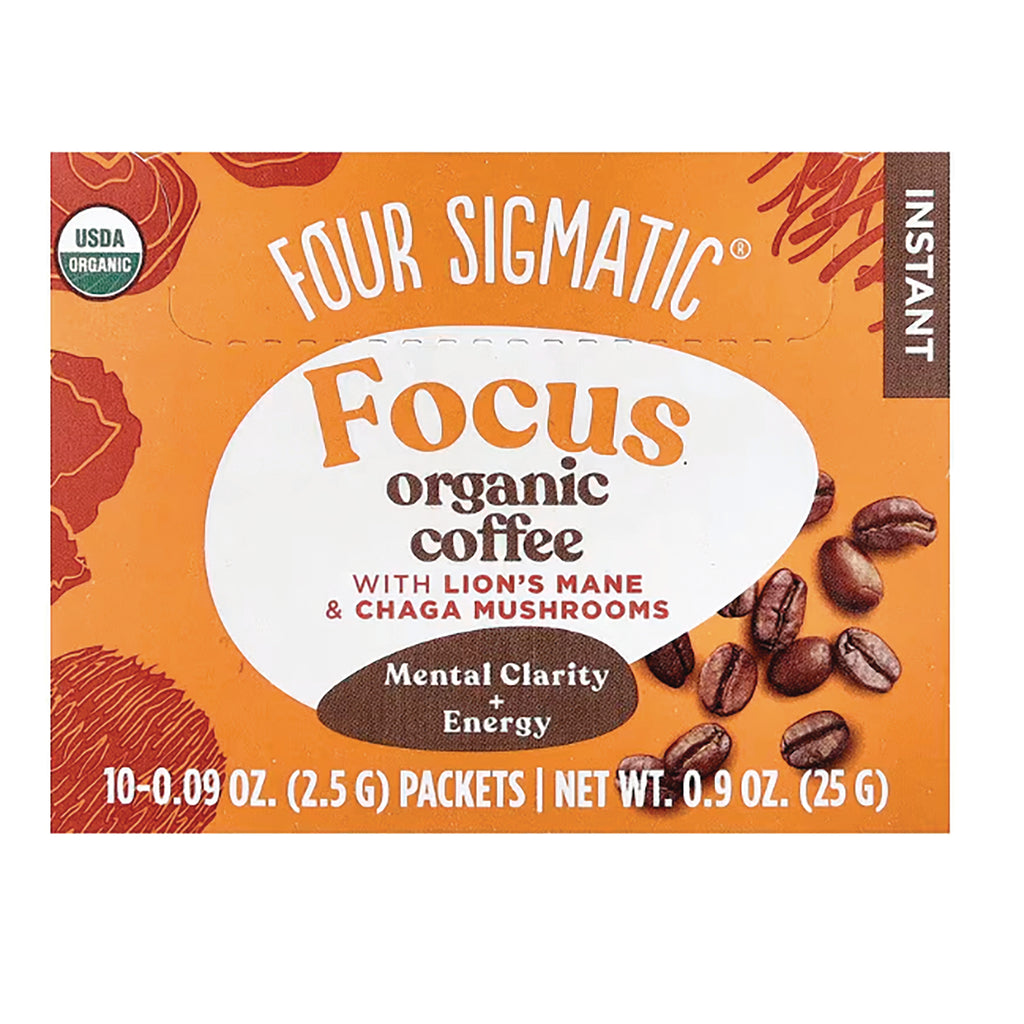 FSF008 | Four Sigmatic Focus organic instant coffee front packaging with lion's mane and chaga mushrooms and scattered coffee beans - Thumbnail