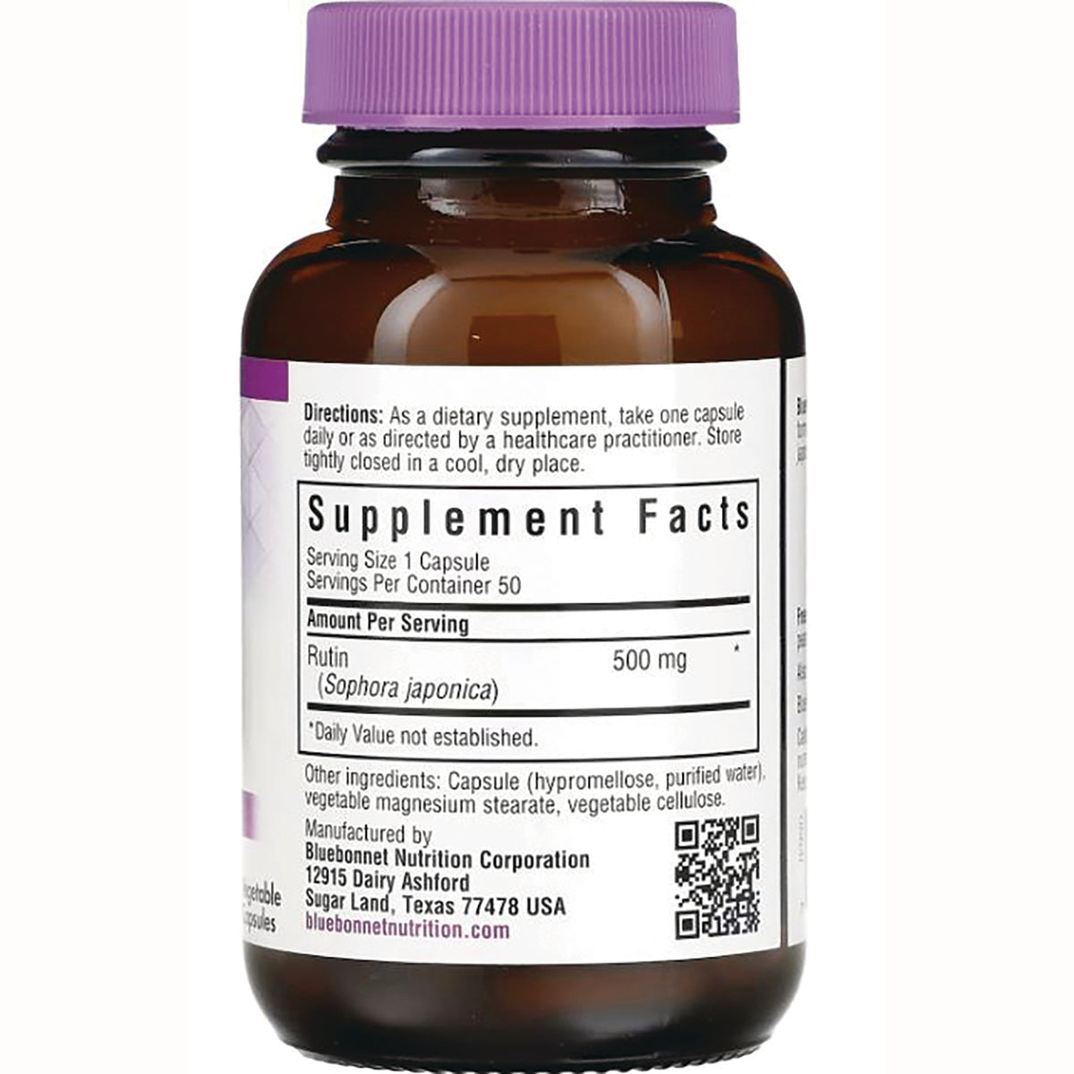 BLU112 | Back label of brown supplement bottle showing Supplement Facts panel and Rutin 500 mg
