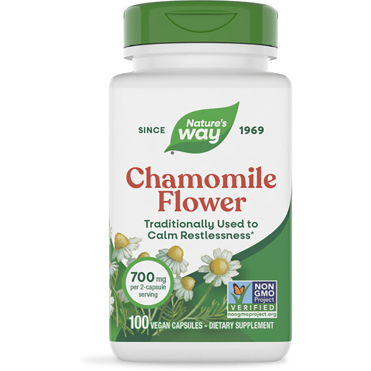 NW930 | Nature's Way Chamomile Flower dietary supplement bottle with green cap, label reading Chamomile Flower and Plant Powered