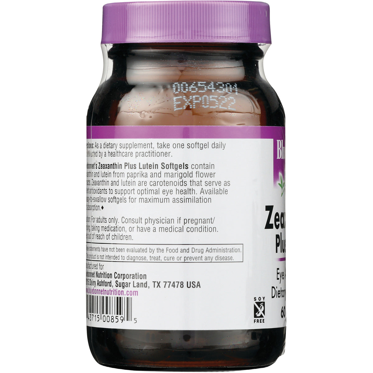 BLU137 | Back label of brown supplement bottle showing Zeaxanthin Plus Lutein Softgels text, barcode, and contact info