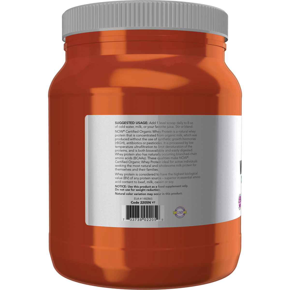 NWF969 | Back of orange supplement jar showing label with suggested usage text and barcode