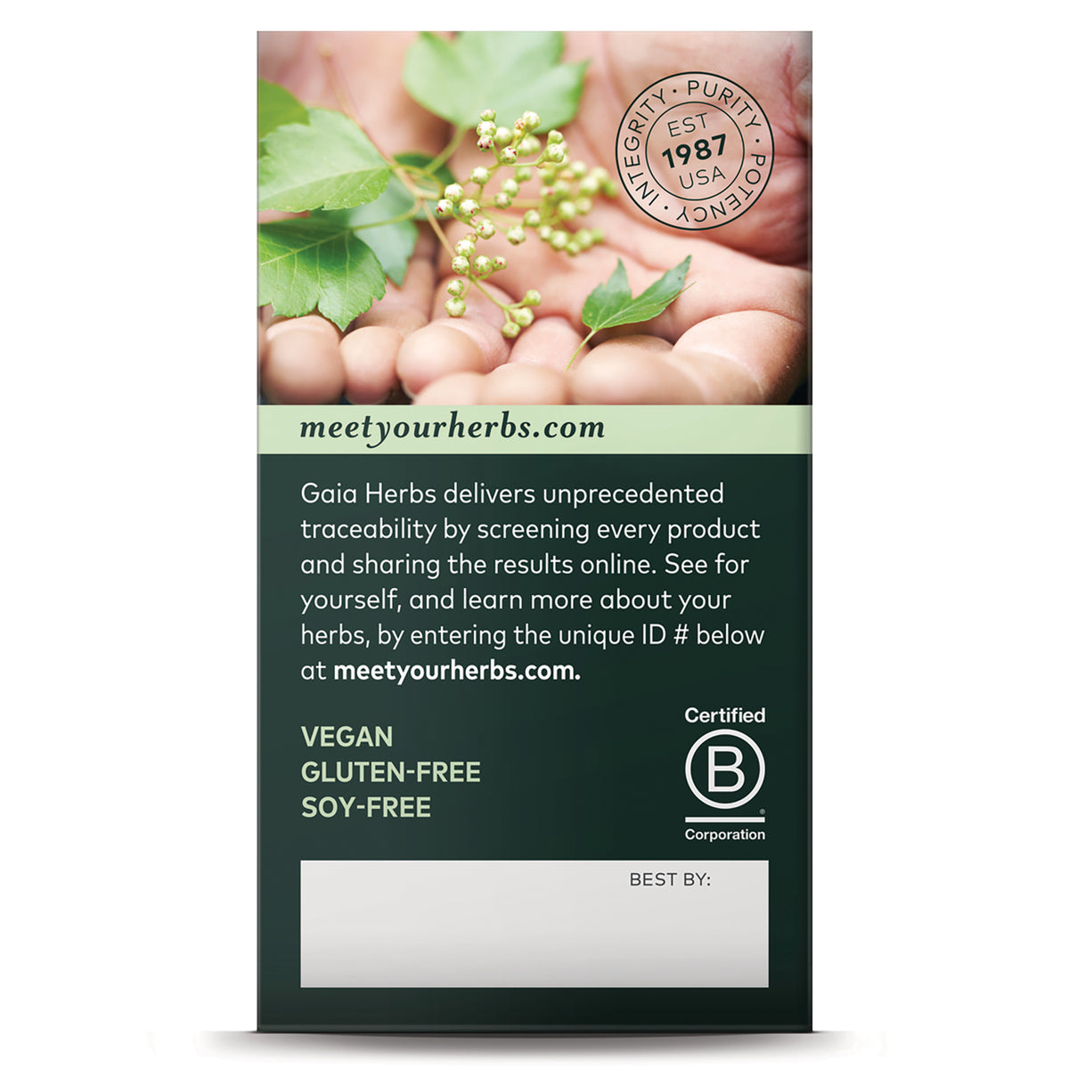GH175 | Back of Gaia Herbs packet showing meetyourherbs.com banner, vegan gluten-free soy-free labels, Certified B logo and best by box