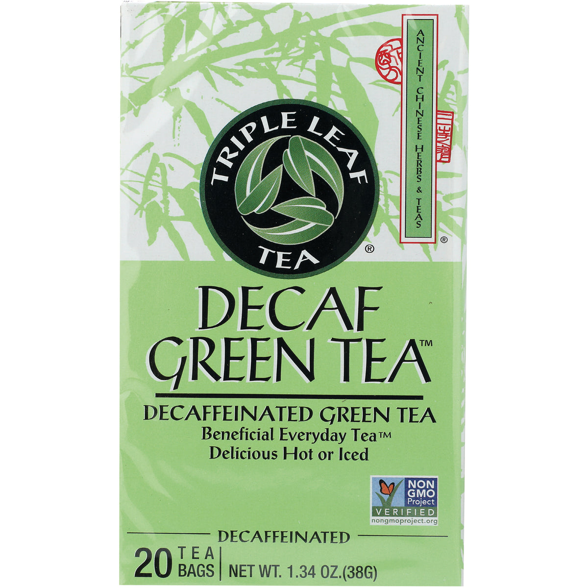 TLT001 | Triple Leaf Tea Decaf Green Tea box, 20 tea bags, 1.34 oz, Non-GMO Project Verified