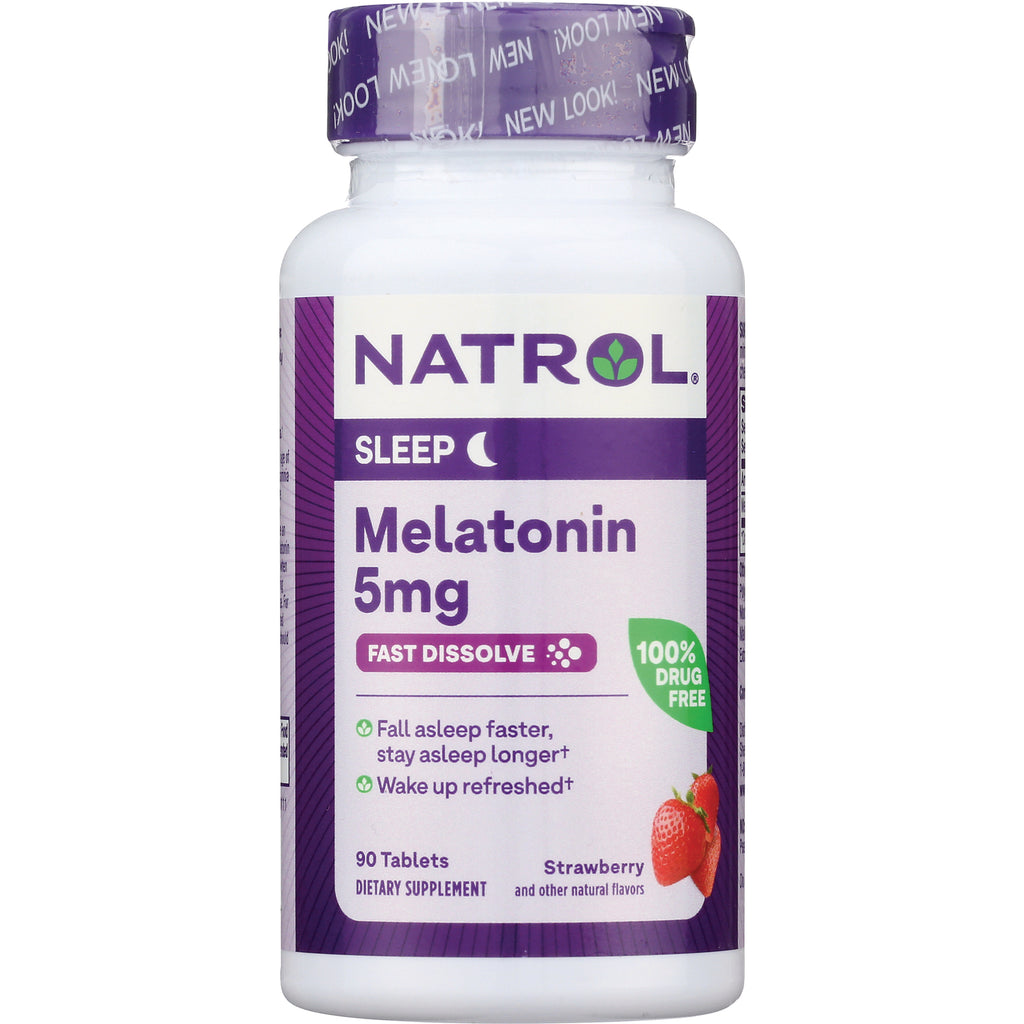 NA438 | Natrol Melatonin 5mg fast dissolve tablet bottle, strawberry flavor, front label - Thumbnail