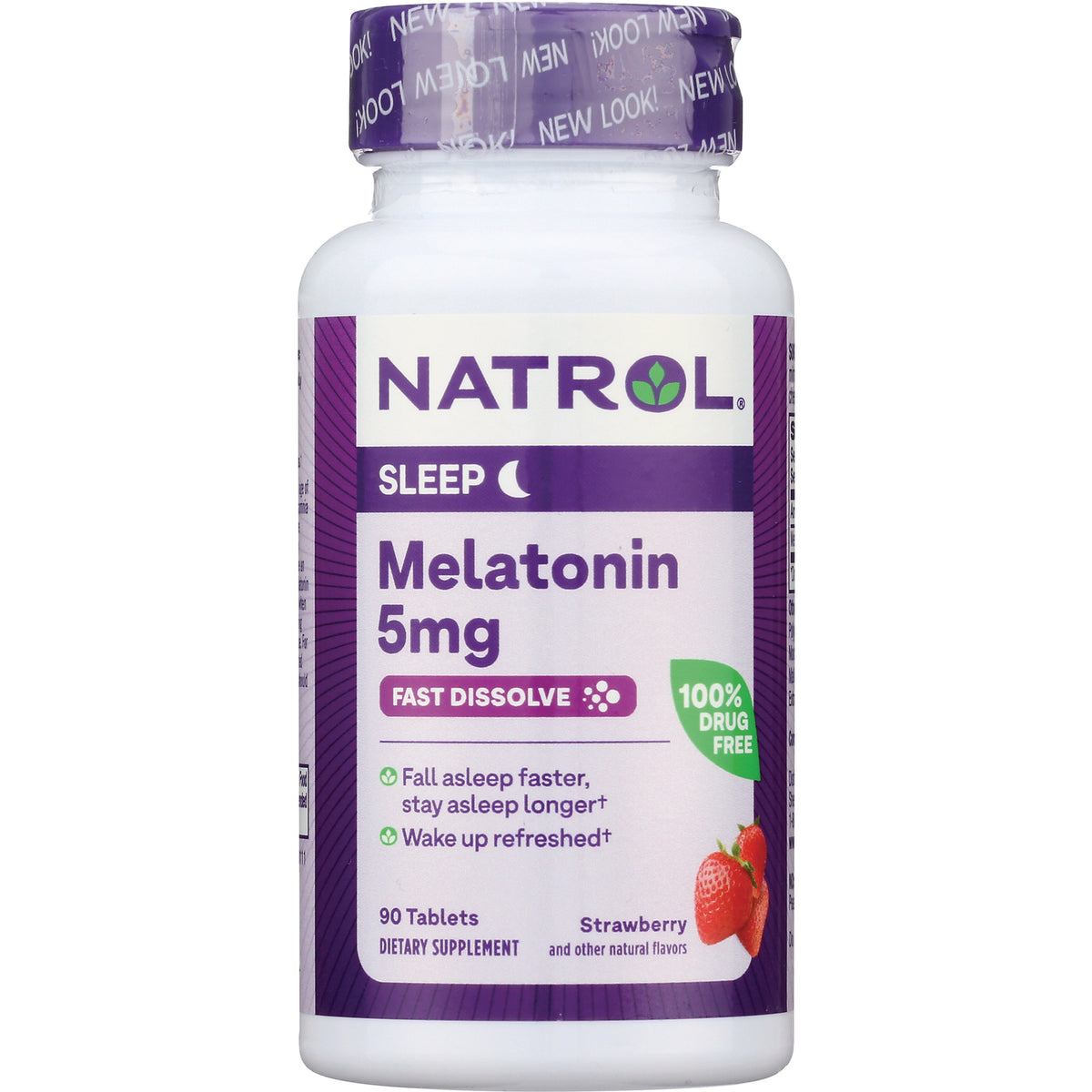 NA438 | Natrol Melatonin 5mg fast dissolve tablet bottle, strawberry flavor, front label