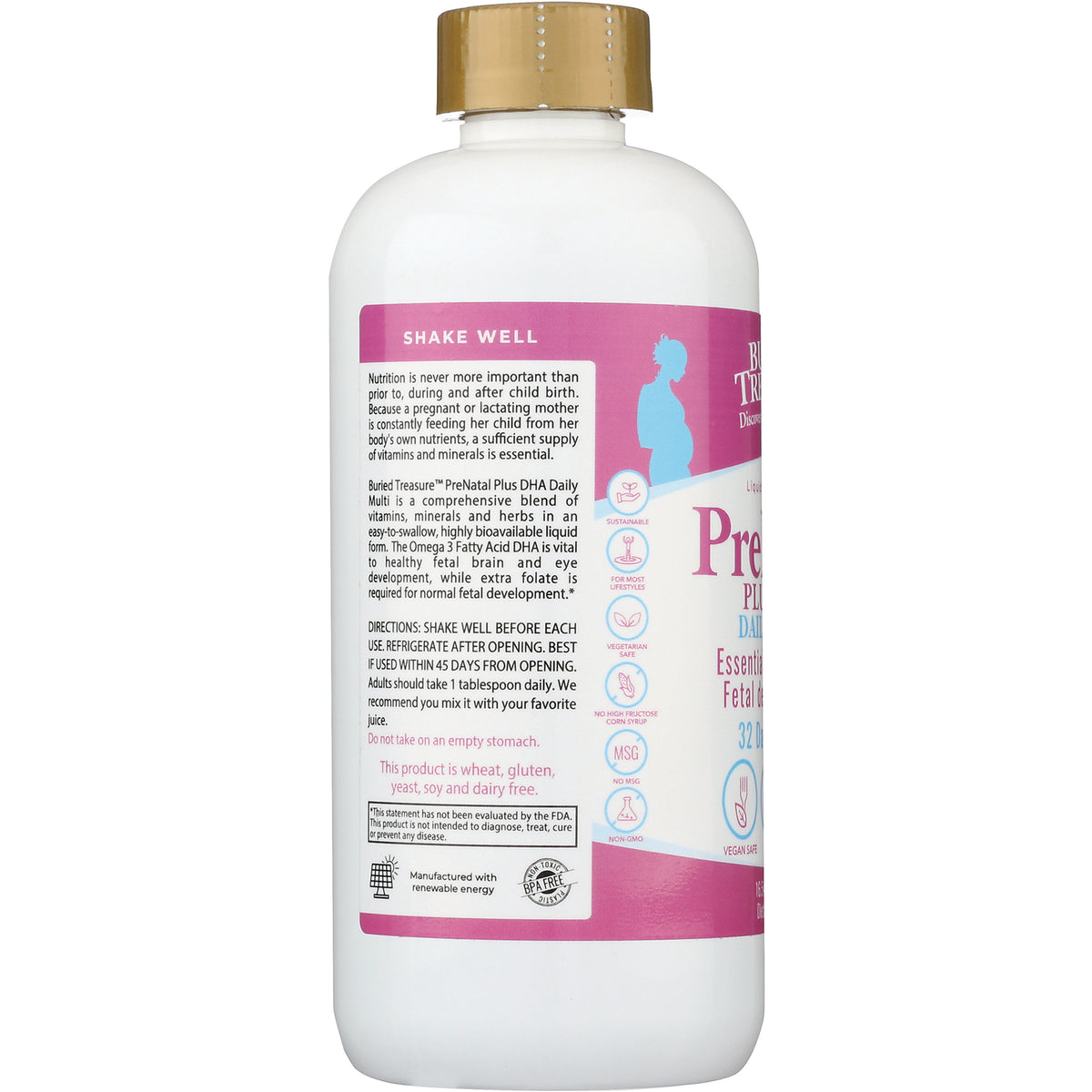 BTR006 | product infographic back label of prenatal liquid bottle showing directions, icons and SHAKE WELL text
